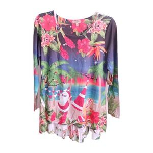 One World Women Christmas Top 1X Santa Vacation Holiday Island Floral Hi Low